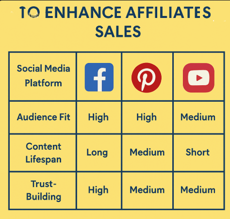 Chart of social mediaa to ehance affiliate sales (Facbook, Pinterest and Youtube)