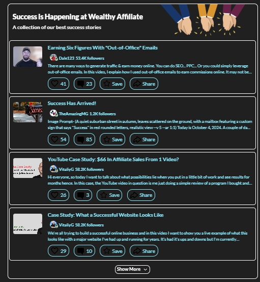 screen capture of member post headers about success.