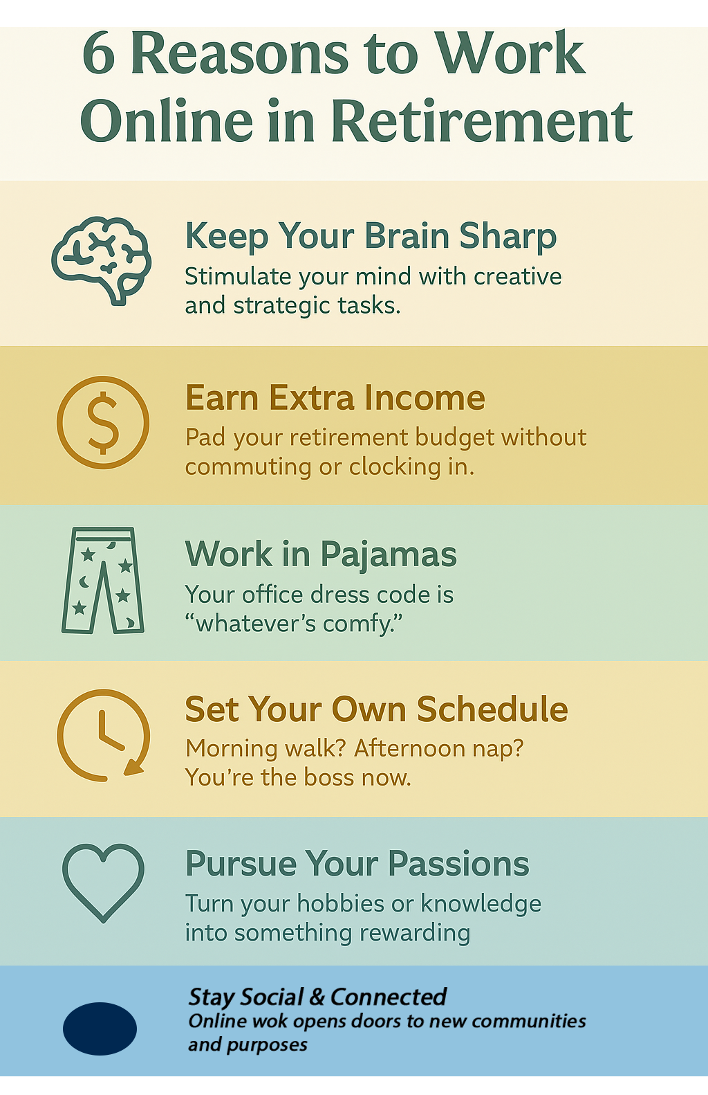 Infogaphic with 6 reaons to work online in retirement
