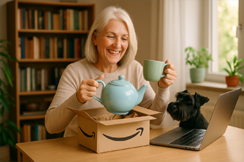 Image of woman at table opening box with teapot