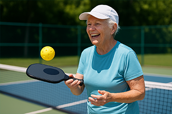 Image of senior woman playing pickleball