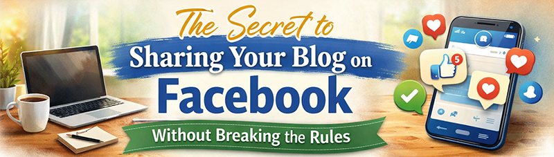 Header Image with Text "Secret to Sharing on Facbook with breaking the rules